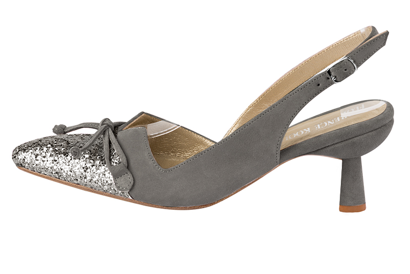 Dark silver and dove grey women's open back shoes, with a knot. Tapered toe. Medium spool heels. Profile view - Florence KOOIJMAN